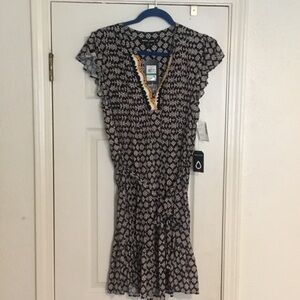 NWT Nautica Black and White Printed V-Neck Mini Dress with Yellow Trim